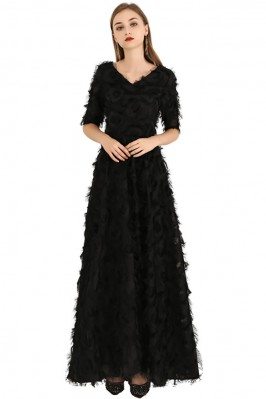 Long Black Special Feather Party Dress Vneck With Sleeves - BLS97031
