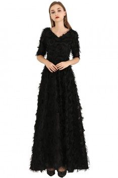 Long Black Special Feather Party Dress Vneck With Sleeves - BLS97031