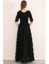 Long Black Special Feather Party Dress Vneck With Sleeves - BLS97031