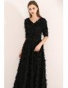Long Black Special Feather Party Dress Vneck With Sleeves - BLS97031