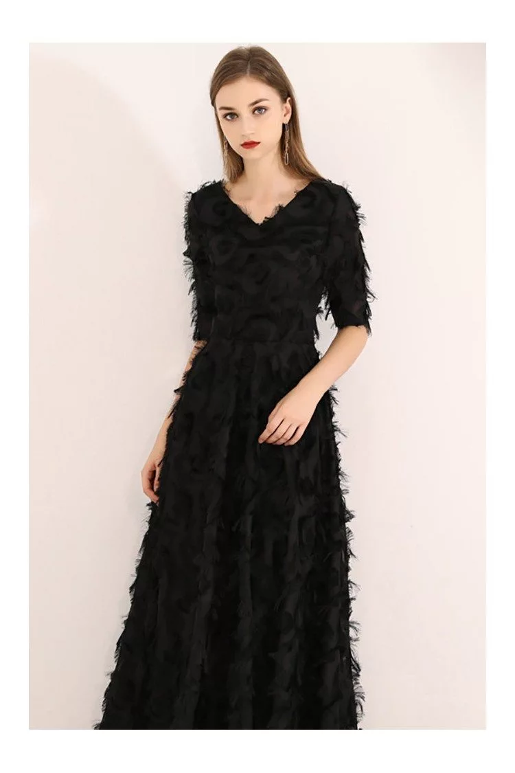 Long Black Special Feather Party Dress Vneck With Sleeves - $69.3 # ...