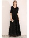 Long Black Special Feather Party Dress Vneck With Sleeves - BLS97031