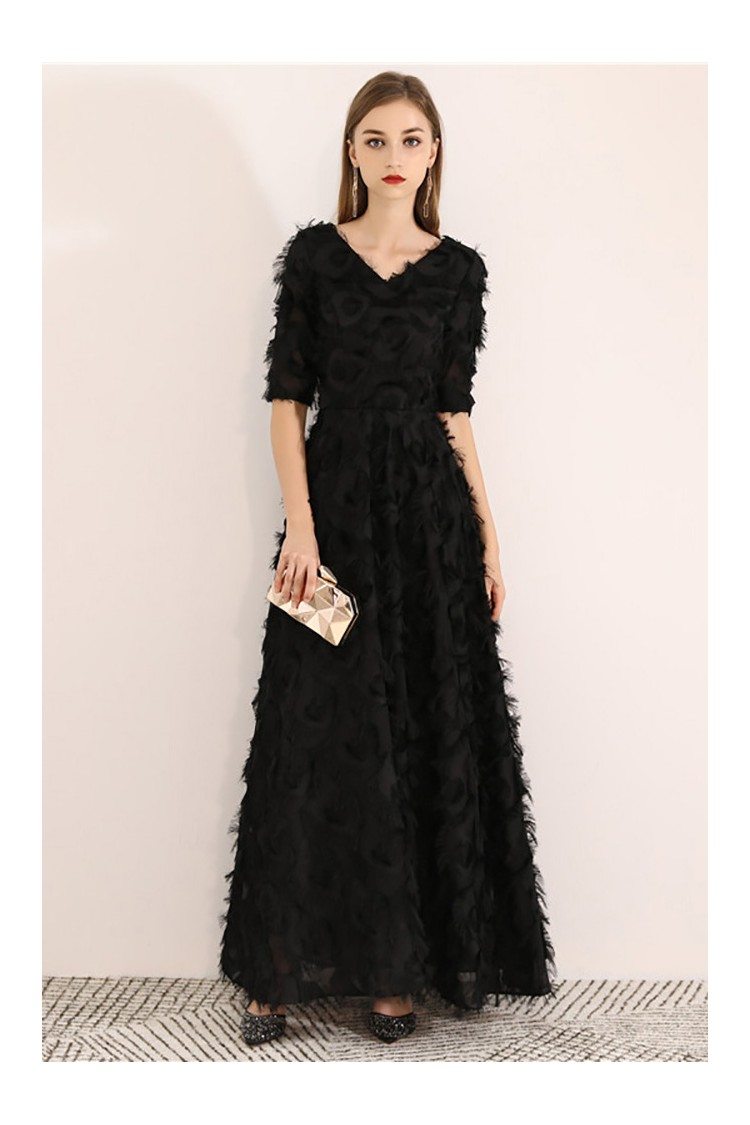 Long Black Special Feather Party Dress Vneck With Sleeves - $69.3 # ...