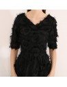 Long Black Special Feather Party Dress Vneck With Sleeves - BLS97031
