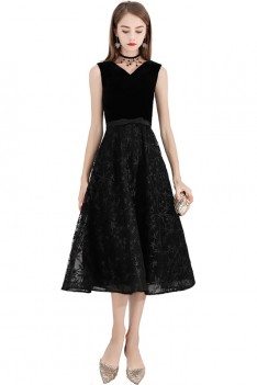 Retro Chic Black Aline Party Dress Lace Midi Length Sleeveless - BLS97035
