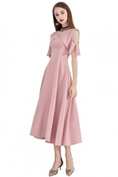Pink Midi Length Semi Formal Party Dress Aline - BLS97017