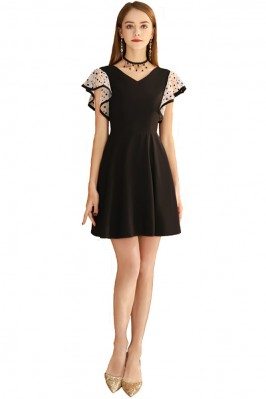 Cute Black Aline Short Dress Vneck With Dotted Sleeves - BLS97041