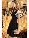 Cute Black Aline Short Dress Vneck With Dotted Sleeves - BLS97041