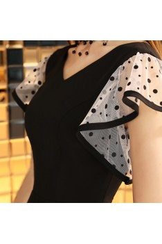 Cute Black Aline Short Dress Vneck With Dotted Sleeves - BLS97041