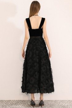 Black Ankle Length Chic Party Dress With Straps - BLS97030