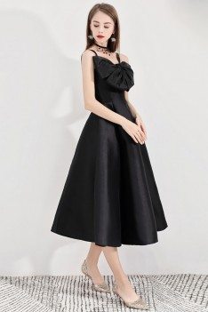 Black Midi Length Semi Party Dress With Big Bow Front - BLS97010