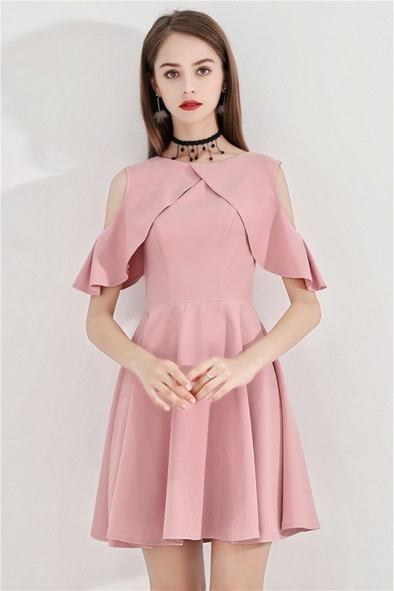 Pink Short Flare Party Dress Aline With Cold Shoulder - BLS97016