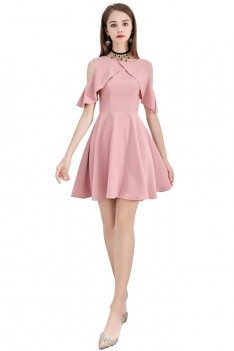 Pink Short Flare Party Dress Aline With Cold Shoulder - BLS97016