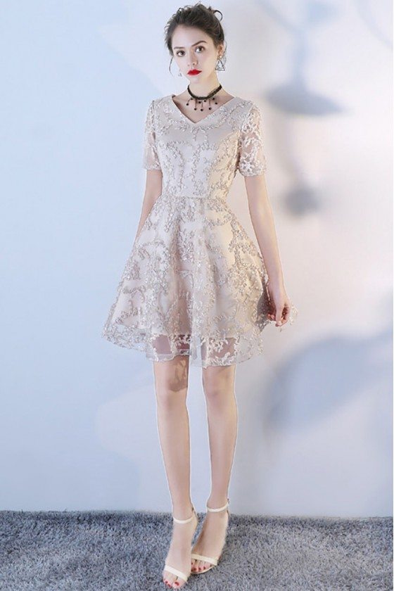 Short Champagne Vneck Lace Party Dress Aline With Sleeves - BLS97001