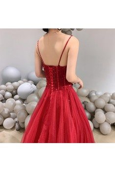 Beaded Corset Flowy Tulle Burgundy Prom Party Dress With Spaghetti Straps - AM79133