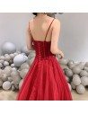 Beaded Corset Flowy Tulle Burgundy Prom Party Dress With Spaghetti Straps - AM79133