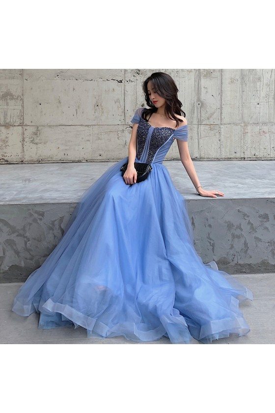 Beaded Dusty Blue Tulle Cap Sleeve Cute Long Prom Gown