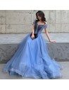 Blue Long Tulle Beaded Elegant Prom Dress With Cap Sleeves - AM79098