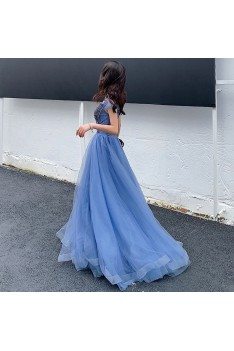 Blue Long Tulle Beaded Elegant Prom Dress With Cap Sleeves - AM79098