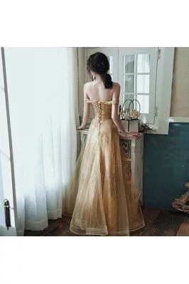 Sparkly Champagne Gold Aline Long Prom Dress For Formal - AM79039