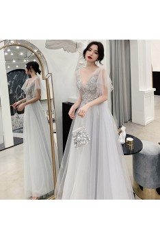 Elegant Grey Tulle Puffy Sleeves Long Prom Dress With Blings - AM79153