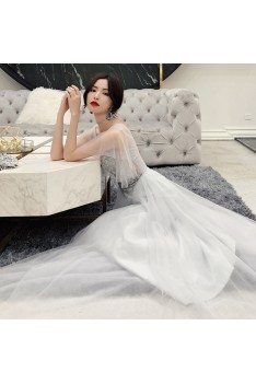 Elegant Grey Tulle Puffy Sleeves Long Prom Dress With Blings - AM79153