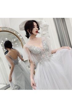 Elegant Grey Tulle Puffy Sleeves Long Prom Dress With Blings - AM79153