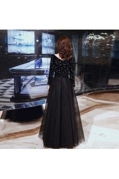 Celebrities Chic Black Sequins Long Formal Dress With Long Sleeves - AM79025