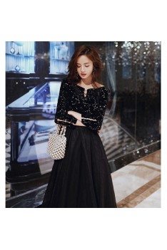 Celebrities Chic Black Sequins Long Formal Dress With Long Sleeves - AM79025