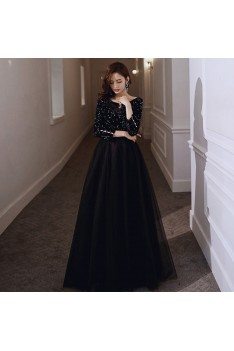 Celebrities Chic Black Sequins Long Formal Dress With Long Sleeves - AM79025