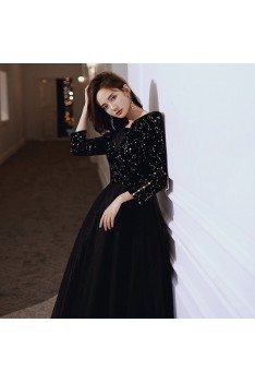 Celebrities Chic Black Sequins Long Formal Dress With Long Sleeves - AM79025