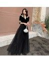 Noble Formal Long Black Evening Dress With Vneck Half Sleeves - AM79005