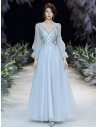 Blue Long Tulle Vneck Cheap Prom Dress With Sheer Long Sleeves - AM79032