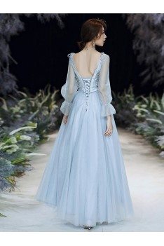 Blue Long Tulle Vneck Cheap Prom Dress With Sheer Long Sleeves - AM79032