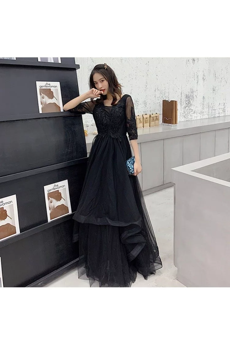 Black Tulle Long Cheap Prom Dress Modest With Sleeves - $118.98 # ...