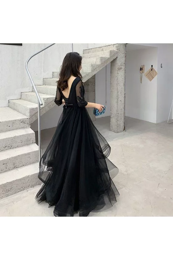 Black Tulle Long Cheap Prom Dress 