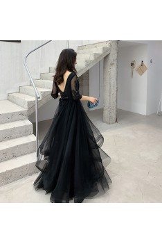 Black Tulle Long Cheap Prom Dress Modest With Sleeves - AM79013