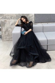 Black Tulle Long Cheap Prom Dress Modest With Sleeves - AM79013