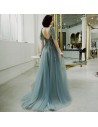 Dusty Green Long Tulle Open Back Prom Dress With Tulle Sleeves - AM79111