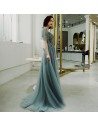 Dusty Green Long Tulle Open Back Prom Dress With Tulle Sleeves - AM79111