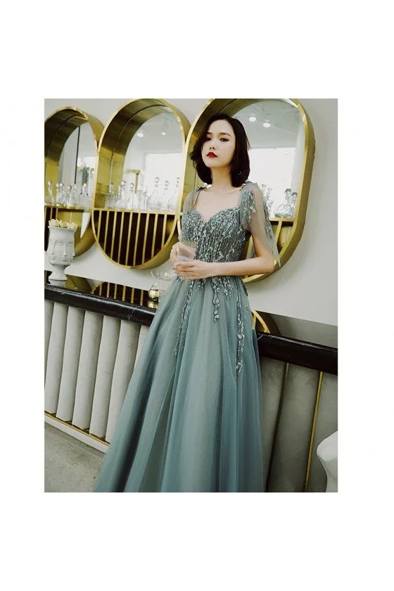 green emerald velvet dress One Shoulder Tulle Maxi Dress in Dusty Sage main image 1