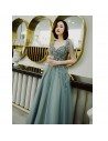 Dusty Green Long Tulle Open Back Prom Dress With Tulle Sleeves - AM79111