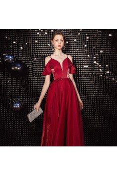 Slim Long Burgundy Prom Party Dress With Flounce Straps - AM79077