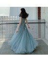 Mist Blue Long Tulle Beaded Lace Long Prom Dress Illusion Neckline - AM79124