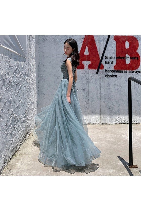 Mist Blue Long Tulle Beaded Lace Long Prom Dress Illusion Neckline - $124.9776 #AM79124 - SheProm.com Mist Blue Long Tulle Beaded Lace Long Prom Dress Illusion Neckline - $124.9776 #AM79124 - SheProm.com