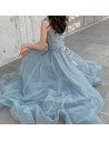 Mist Blue Long Tulle Beaded Lace Long Prom Dress Illusion Neckline - AM79124