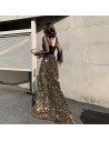 Black With Gold Sparkly Formal Party Dress With Illusion Neck Sleeves - AM79003