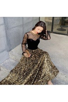 Black With Gold Sparkly Formal Party Dress With Illusion Neck Sleeves - AM79003